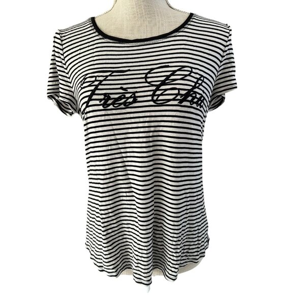 White House Black Market "Très Chic" Striped T-Shirt S Women Cotton Blend - Picture 1 of 7